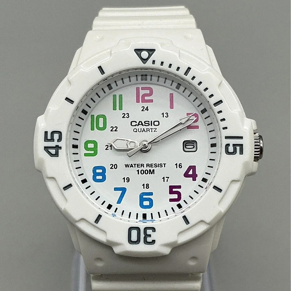 Casio White Quartz Watch with Multicolor Numerals